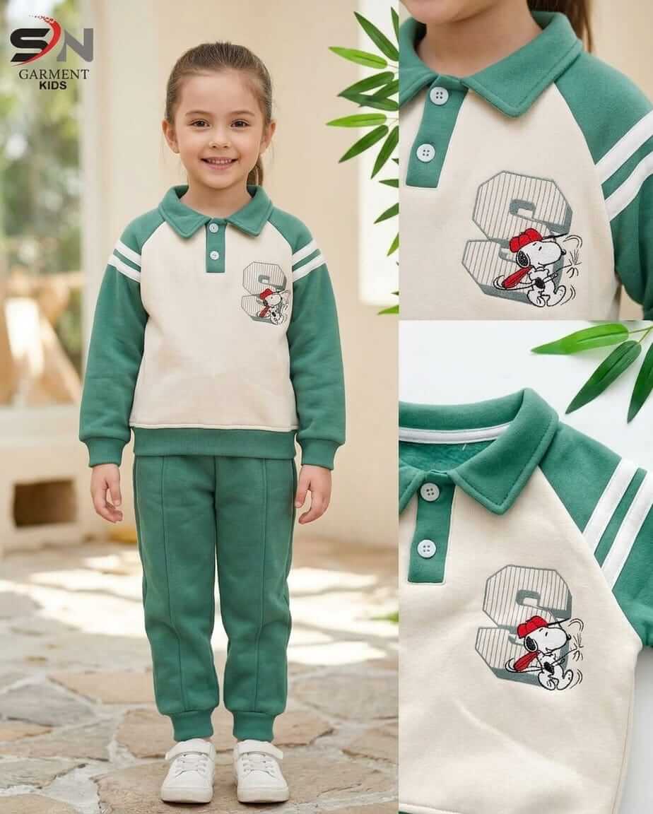 Green Button with Collar Winter Fleece Kids Track Suits