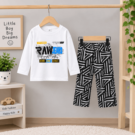 RAW Jeans Graphic Oversized Set – Kids Full Sleeves Tee & Geometric Pants