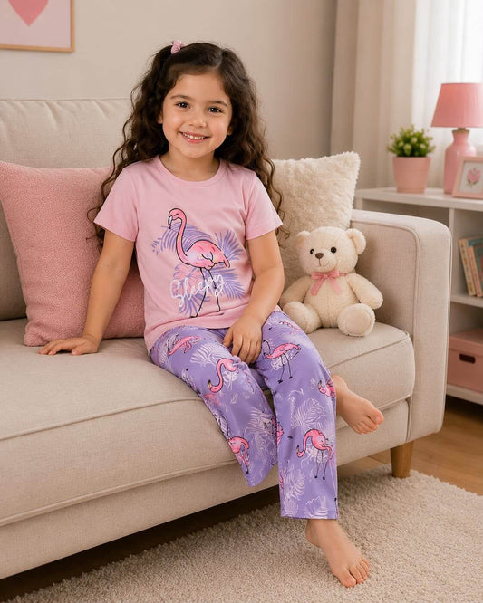 Pink Duck With Trouser Printed Kids Night Suit