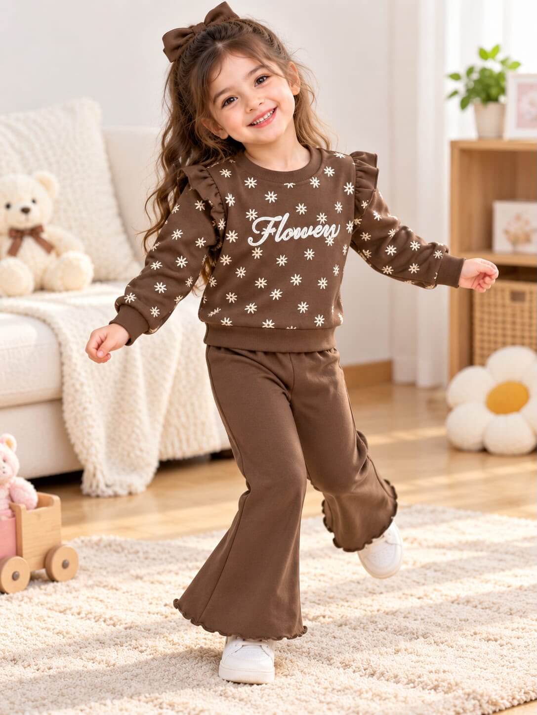 Brown Flower Winter Fleece Kids Track Suits
