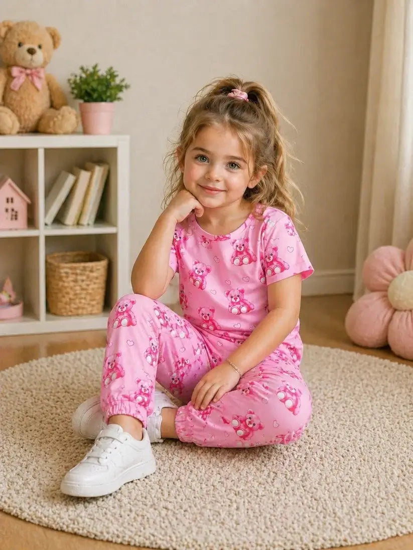 Baby Pink All Over Bears Printed Half Sleeves Kids Suit