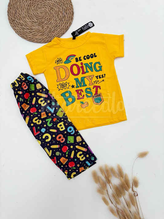 Yellow Doing My Best Printed Half Sleeves Kids Suit
