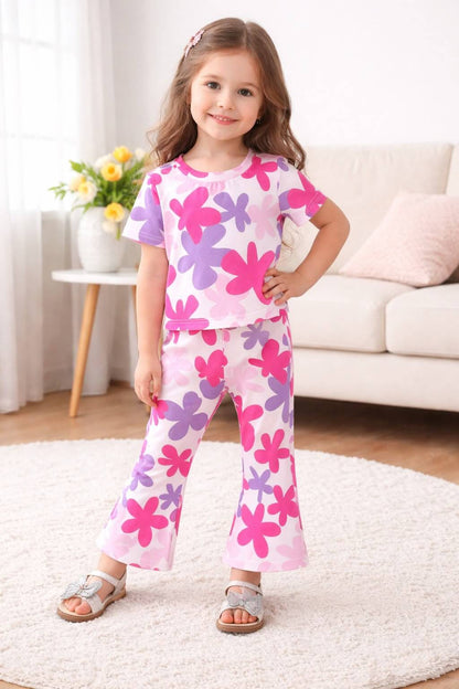 Multi Color Flowers Tshirt With Trouser Printed Kids Night Suit