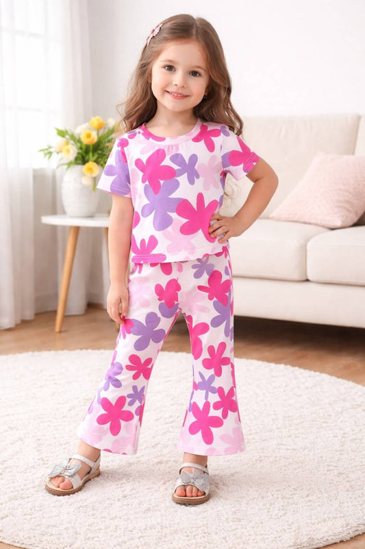 Multi Color Flowers Tshirt With Trouser Printed Kids Night Suit