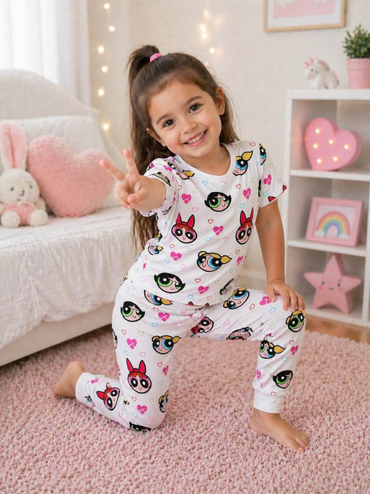 Powerpuff Tshirt With Trouser Printed Kids Night Suit
