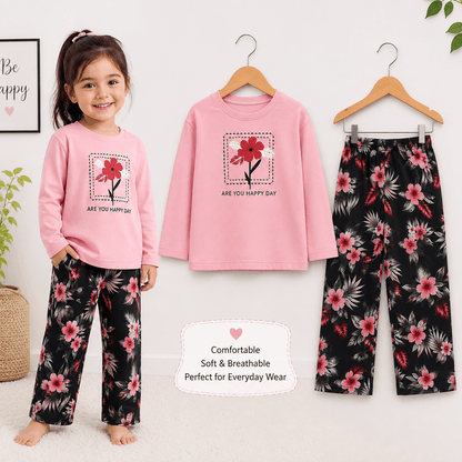 Pink Flower Full Sleeves T-shirt With Trouser Printed Set (SN-600)