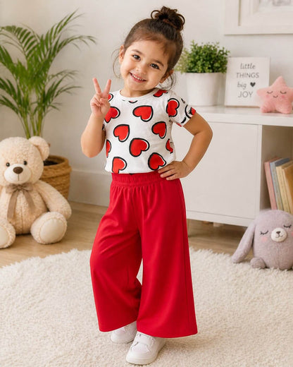 Red Heart With Red Trouser Printed Kids Night Suit