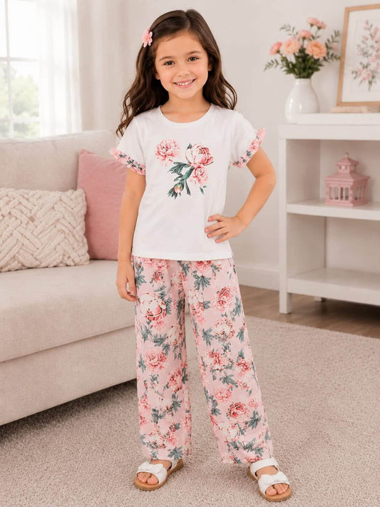 White Flower Tshirt With Trouser Printed Kids Night Suit