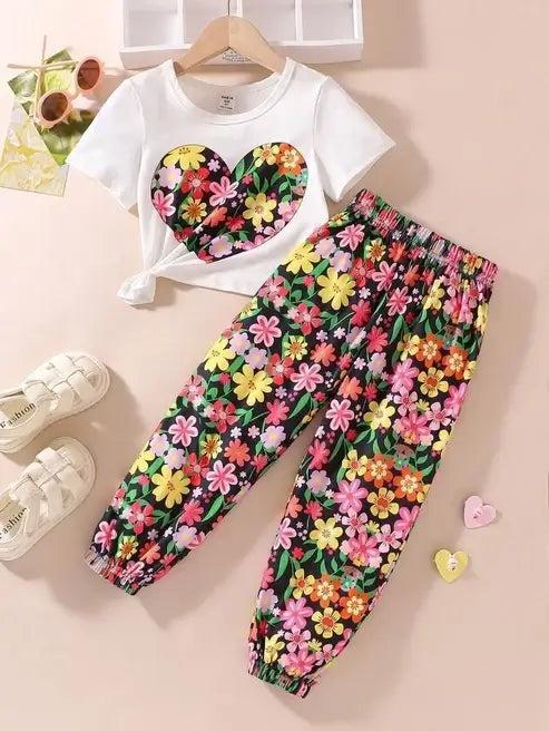 White Flower Heart Printed Half Sleeves Kids Suit